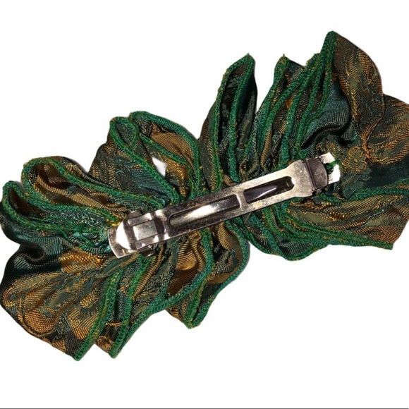 Handmade Big Hair Bow Asian Print Green Gold Metal Clip Barrette Vintage Persian - Picture 8 of 10